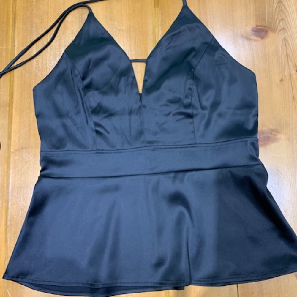 NWT EXPRESS Black Peplum Sweetheart Halter Tank Plunge Neck Back Zip Stretch 12